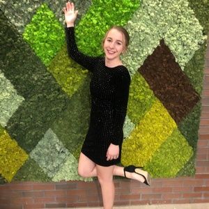 Black Velvet Diamond Stud Dress - Long Sleeve